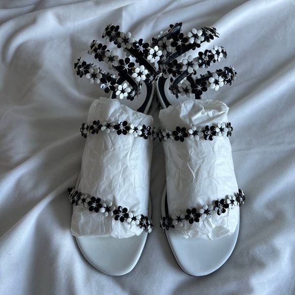 Rene Caovilla White Black Floral Strappy Flat Sandal Size EU38.5 US8.5 - Picture 3 of 16
